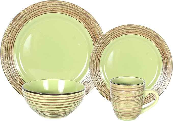 16 Piece Dinnerware Set, Ceramic Plates and Bowls Sets for 4, Microwave and Dishwasher Safe, Handcrafted Tree Bark Series Dish Set, Oak Forest/Dark Green