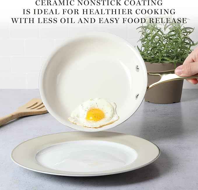 Martha Stewart Lockton Premium Non stick Non Toxic PFA Free Ceramic Interior 10 Piece Heavy Gauge Enamel Aluminum Pots and Pans Cookware Set - Linen White w/Gold Handle