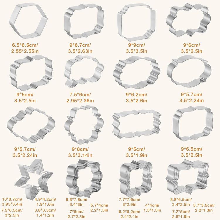 Large Plaque Cookie Cutter Set 25 Pcs Frames Cookie Cutters Stainless Steel DIY Fondant Cutters Molds for Baking MakingCookies Biscuit Fruit Diswasher Safe