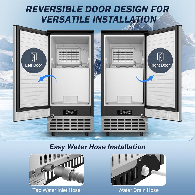 Under Counter Ice Maker Machine Commercial - 120LBS/24H with 30lbs Ice Storage Bucket & Reversible Door, Built-in Freestanding Ice Machine, Automatic Cleaning/24 Hours Timer, For Home & Commercial Use