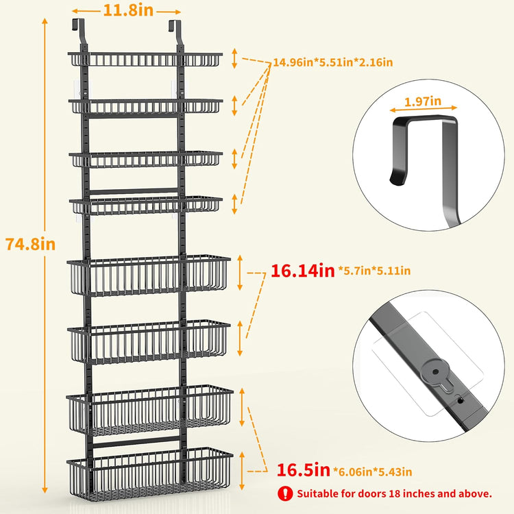 Moforoco Over The Door Pantry Organizer, Pantry Door Organizer Shelves, Kitchen Organizers and Storage, Hanging Basket Wall Spice Rack Seasoning Shelves, Laundry Room Bathroom accessories(Black