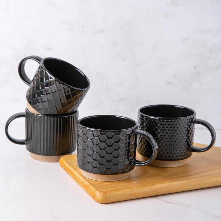 GBHOME 15OZ Stackable Coffee Mugs, Ceramic Coffee Mugs with Texture Patterns for Man,Woman,Dad,Mom, Modern Coffee Cups Set of 4 for Latte/Cappuccino/Cocoa. Dishwasher&Microwave Safe,Black