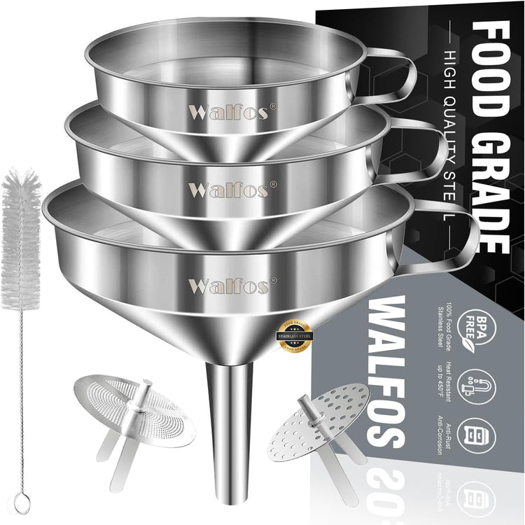 Stainless Steel Funnel, Walfos 3 Pack Kitchen Funnel with 2 Removable Strainer & 1Pcs Cleaning Brush, Perfect for Transferring of Liquid, Oils, Jam, Dry Ingredients & Powder