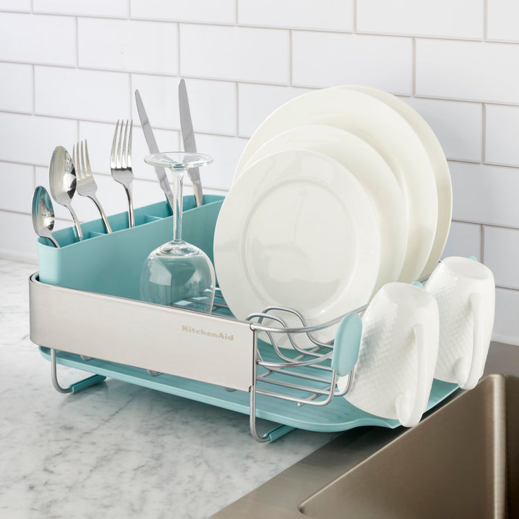 Compact Space Saving Rust Resistant Dish Rack with Removable Flatware Caddy and Angled Self Draining Drainboard