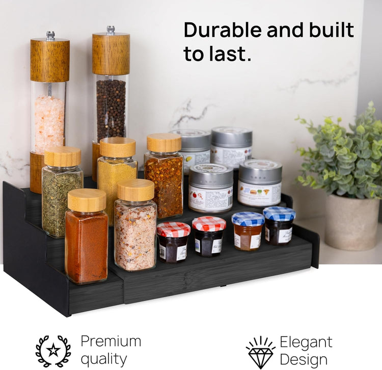 Ibyx Premium 3-Tier Spice Rack Organizer for Cabinet - Expandable Bamboo Spice Storage - Non-Skid Countertop Step Spice Shelf - Great for Kitchen Cabinet, Countertop, Cupboard, Pantry (Black)