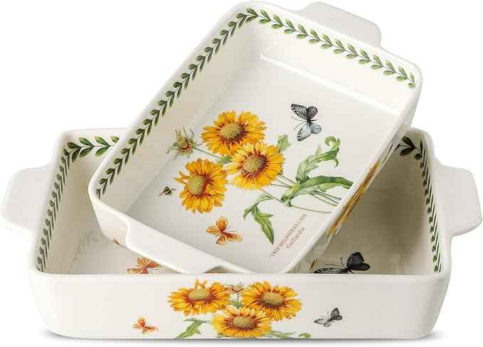 Ceramic Sunflower Baking Casserole Dish with Handles,Large 2 pieces 8x13 inch & 6x10 inch Lasagna Baking Dish and Middle Flower Andplant Baking Pan,Porcelain Serving Bakeware Set