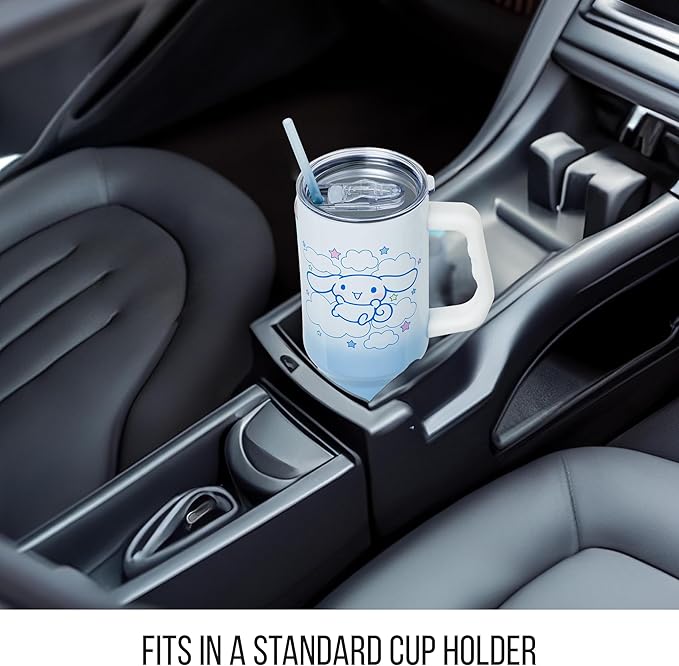 Silver Buffalo Sanrio Hello Kitty and Friends Featuring Cinnamoroll in Stars and Clouds Double Walled Stainless Steel Tumbler with Handle and Straw, Fits in Standard Cup Holder, 40 Ounces