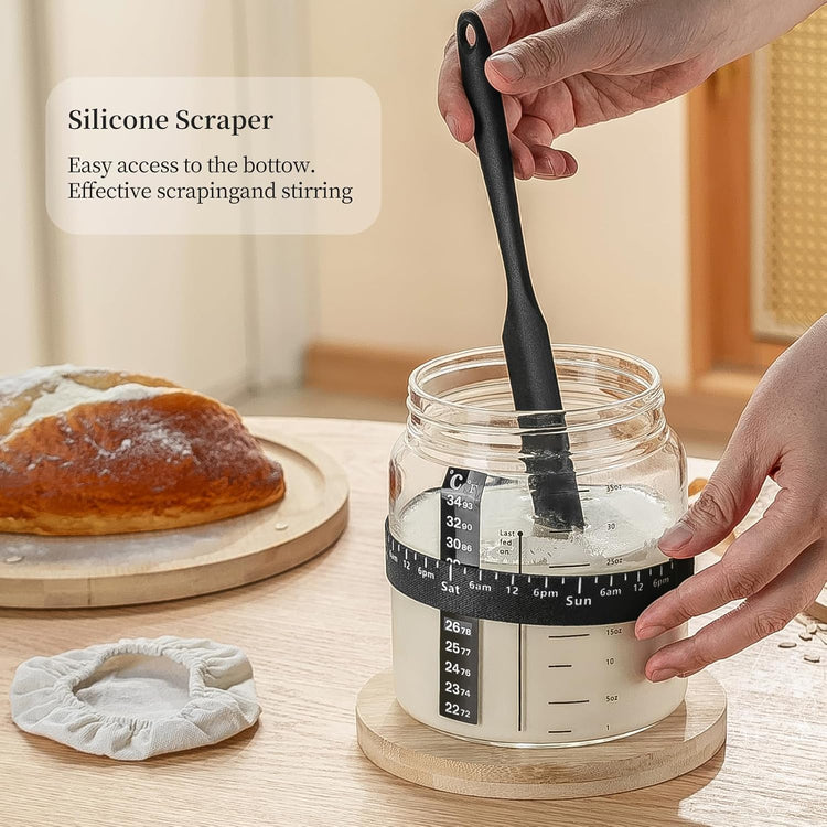 Wissy&Konny Sourdough Starter Jar,Wood Sealed Lid with Automatic Exhaust,35OZ with Ounce Scale Line,Date Marked Feeding Band, Thermometer, Sourdough Jar Scraper,Wide Mouth for Sourdough Bread Baking