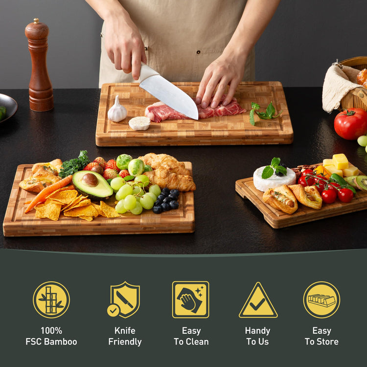 3 Pack Heavy Duty Bamboo Cutting Board Set Non Toxic Wooden Cutting Board for Kitchen Non Slip Solid End Grain Thick Wood Juice Groove Chopping Board Extra Large Butcher Block Best House Warming Gift (3 Count)