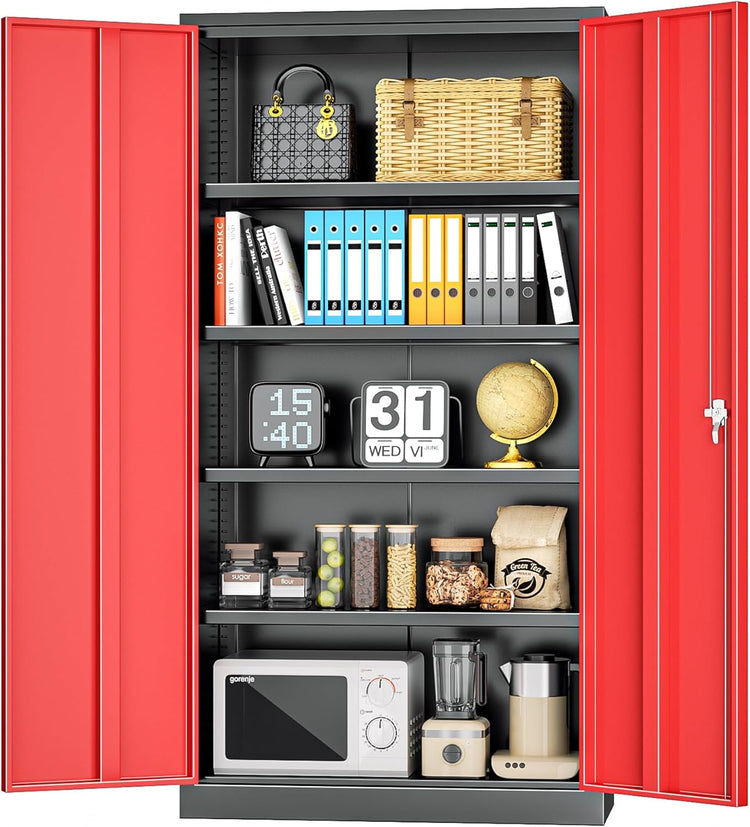 INTERGREAT Metal Storage Cabinets 72” Black Red Garage Steel Storage Cabinet with Doors and Shelves, Steel File Cabinet for Home Office, Basement, Warehouse, Classroom(Anti Tipping)