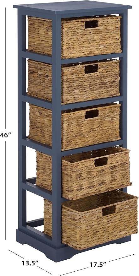 SAFAVIEH Home Collection – Vedette Blue 5-Basket Storage Tower, Natural Rattan Accent Design, Fully Assembled (AMH5739H)