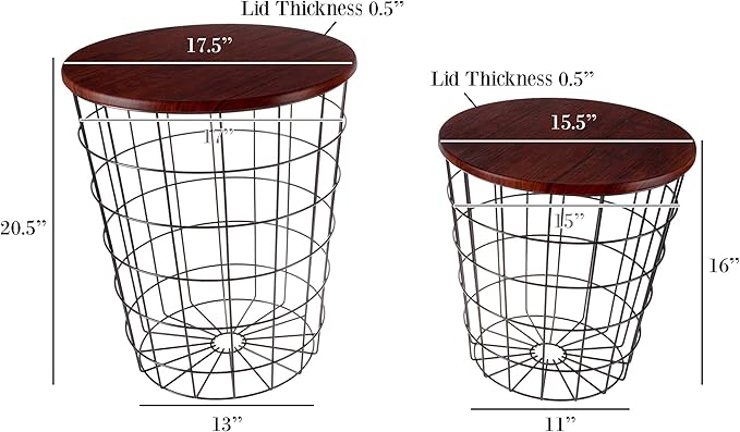 End Tables Set of 2 - Nesting Tables with Removable Wood Tops and Metal Wire Baskets for Blanket Storage - Round Side Furniture for Living Room, Bedroom, or Home Office by Lavish Home (Cherry/Black)