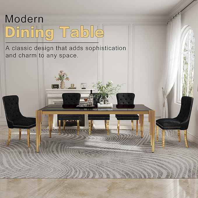 78'' Modern Glass Dining Table for 6-8 People,Black Tempered Glass Top Dining Room Table with Stainless Steel Base, Glass and Gold Dining Table for 6, Rectangle Dining Kitchen Table for Dinner
