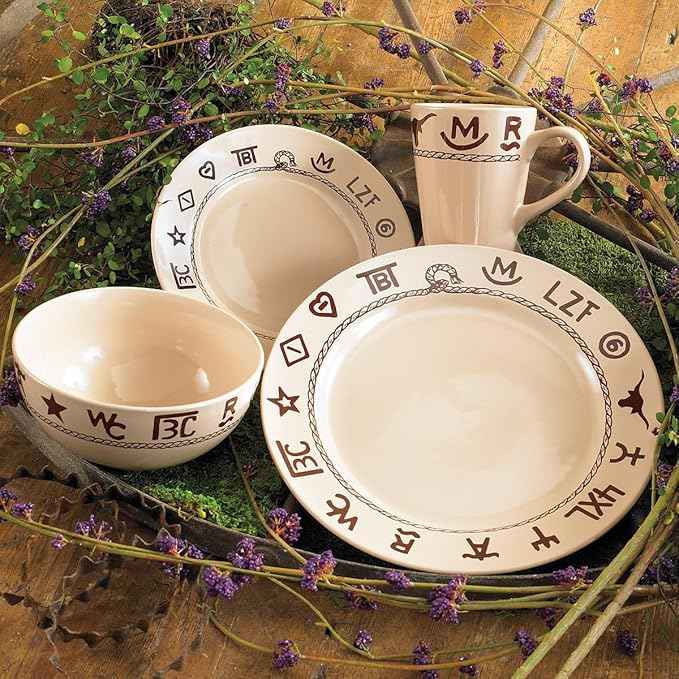 Black Forest Decor Cattle Branded Dinnerware Set - Rustic 16-Piece Stoneware for Ranch & Western Dining