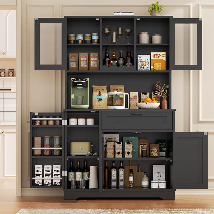 Vongrasig Tall Pantry Cabinet, Kitchen Pantry Storage Cabinet with Microwave Stand,Farmhouse Kitchen Hutch with Adjustable Shelves for Living Room, Dining Room, Black