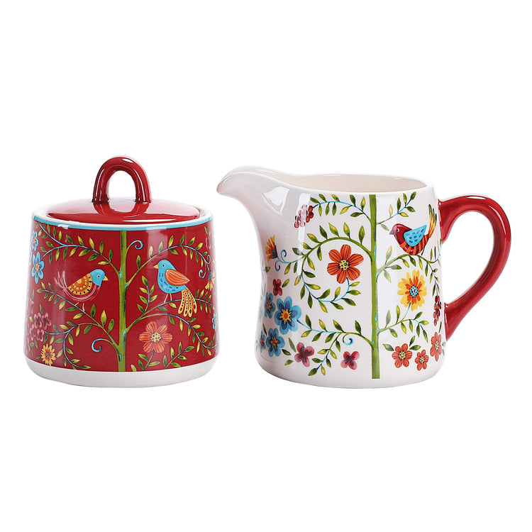 Red Spring Bird Ceramic Sugar and Creamer Set