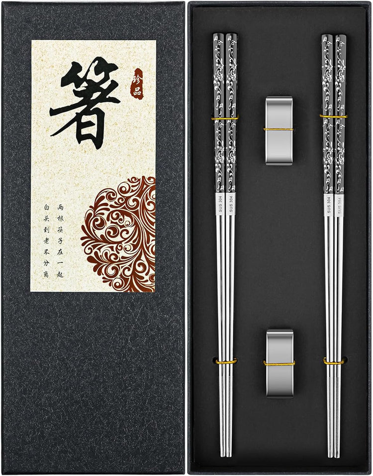 Metal Reusable Chopsticks 2 Pairs Titanium Plated Stainless Steel Chopsticks with Holder, Dishwasher Safe Non-Slip Japanese Style Chop Sticks Present Set (Black Silver)