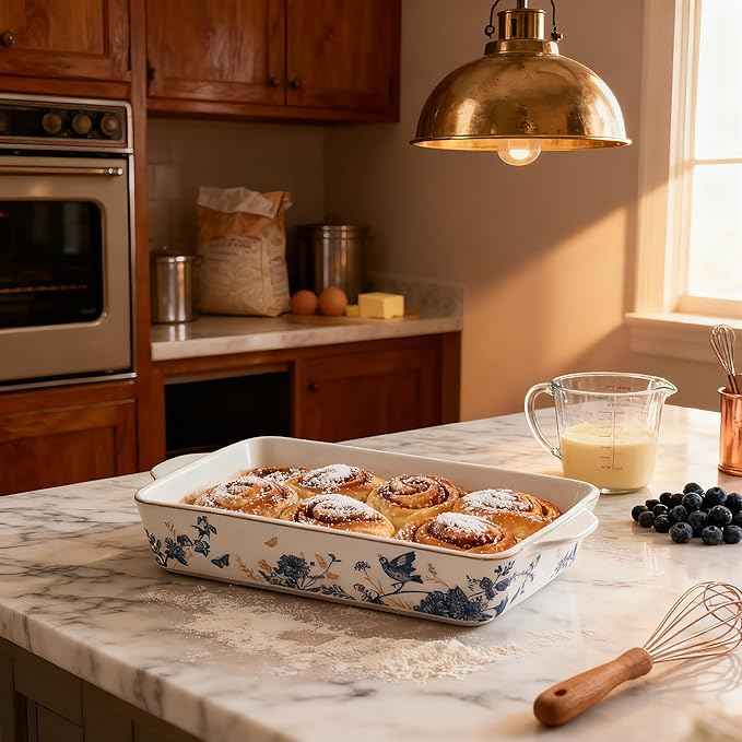 Baking Pans Set of 2 Blue flower 14 inch Ceramic for Oven Large Casserole Baking Dish Set with Handles Porcelain Bakeware Sets Casserole Dish for Oven/Cooking/Kitchen/Cake Dinner/Turkey/Pumpkin/Thanksgiving Holiday Gifts