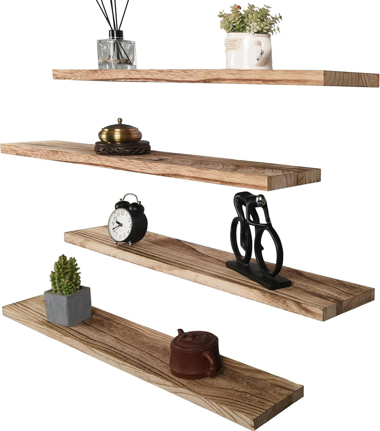 Wood Floating Shelves for Wall, Wooden Wall Shelves for Bedroom, Wall Mounted Shelves for Living Room, Set of 4 Light Brown 36 Inch