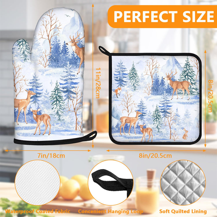 Deer in Snow Oven Mitts and Pot Holders Sets 4Pcs