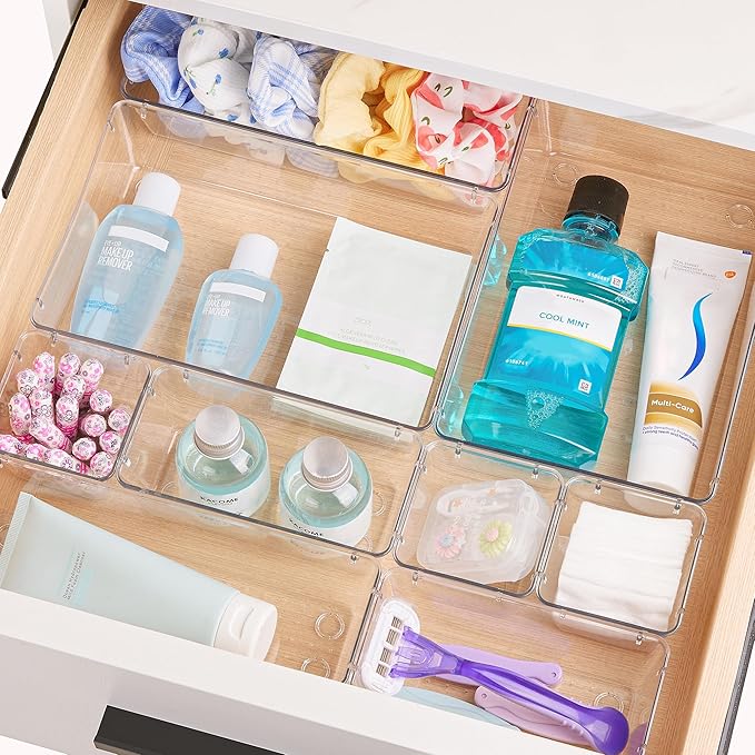 Vtopmart 72 PCS Clear Plastic Drawer Organizers Set, 4-Size Versatile Bathroom and Vanity Organizer Trays, Non-Slip Storage Containers for Makeup, Jewelries, Bedroom,Kitchen Utensils and Office