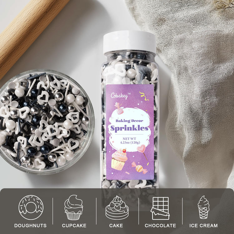 Black and White Heart Sprinkles for Cake Decorating 4.23ounce (4.23 Ounce)