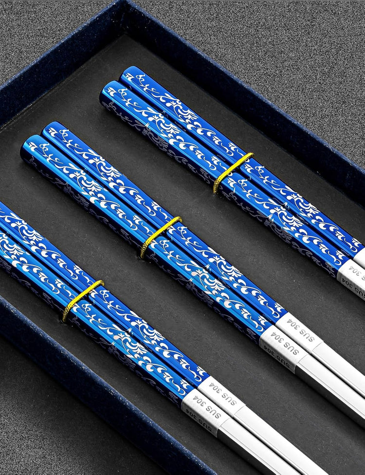 Metal Chopsticks Reusable, 3 Pairs Non-Slip Chop Sticks Reusable Dishwasher Safe, Titanium Plated Stainless Steel Chopsticks Present Set (Blue Silver)
