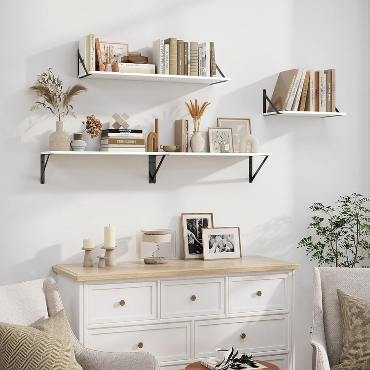 Heimlove White Deep Floating Shelves for Wall, 24W x 8D Wood Wall Shelves Set of 2, Wide Floating Bookshelf for Living Room, Kitchen, Office, Bedroom and Decor Storage, with Black Bracket - White