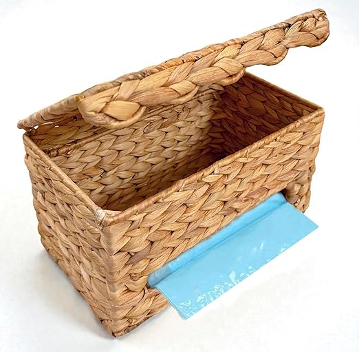 Trash Bag Holder with Scalloped Lid 13β30 Gallon Bags Roll Holder Wall Mount Water Hyacinth Garbage Bag Dispenser for Kitchen, Cabinet (Natural Water Hyacinth)