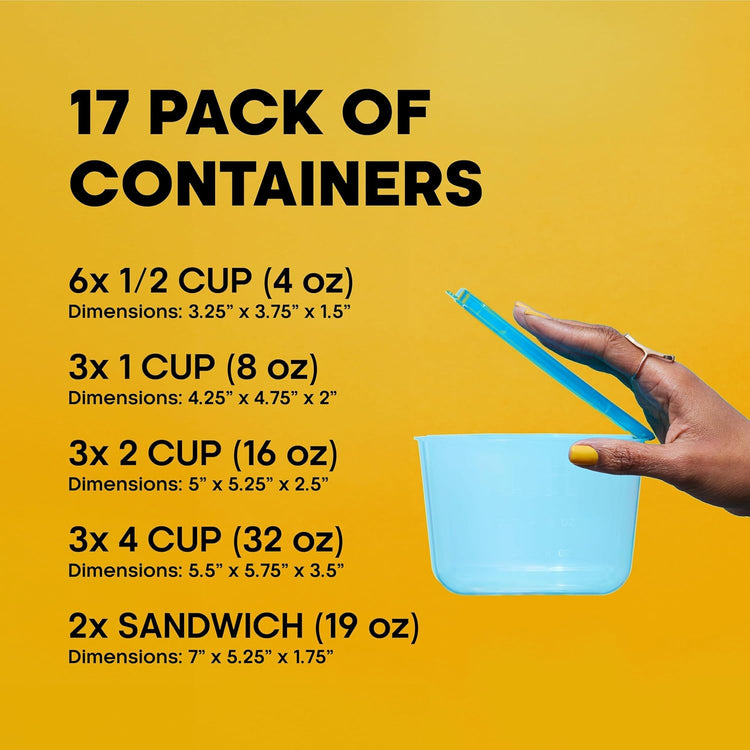 Premium Attached Food Storage Containers, Permanently Attached Plastic Lid, Never Lose & Space Saving Organization (17 Pack)