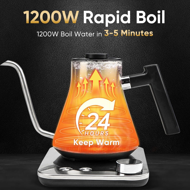 COZII Gooseneck Electric Kettle,5 Presets & ±1℉ Temperature Control 1200W Quick Heating Water Boiler for Coffee/Tea, 24H Keep Warm, Auto Shut Off Pour Over Kettle with 50pcs Coffee Filter,0.9L Silver