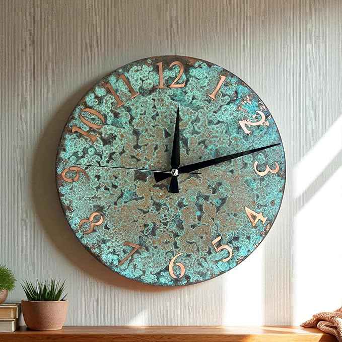 Handmade Pure Copper Wall Clock for Home Decoration, Decor Clock for Living Room, Bedroom and Kitchen, Rustic Decorative Mural Clock Art for Farmhouse (Numbers of Patina, 11)