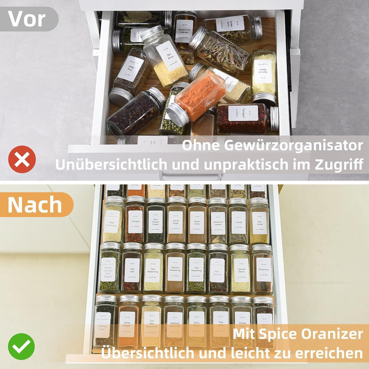 Spice Drawer Organzier,4 Tiers- 8Pcs Bamboo Spice Rack Tray Insert for Cabinet Drawer Countertop, Kitchen Seasoning Storage Drawer Organization,22" Wide x 15.8" Deep (Hold UP To 48 Jars