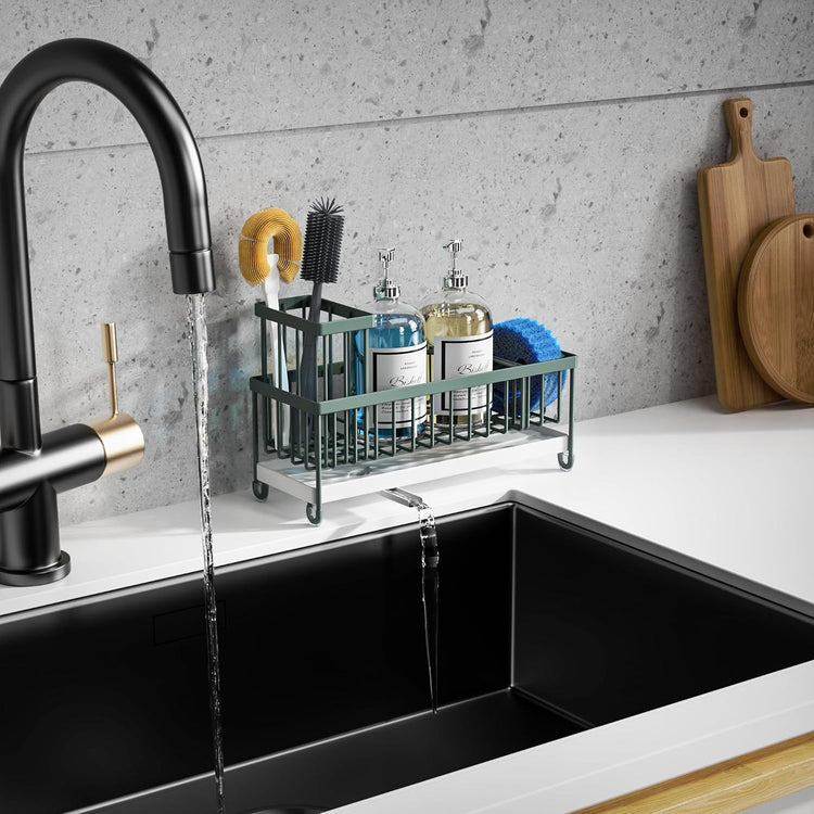 Moforoco Extra Large Sponge Holder for Kitchen Sink Organizer Caddy, Dish Brush Scrubber Holder,Stainless Steel Sink Box Utensil Holder,Soap Dispenser Set Tray Counter Accessories(Sage Green )