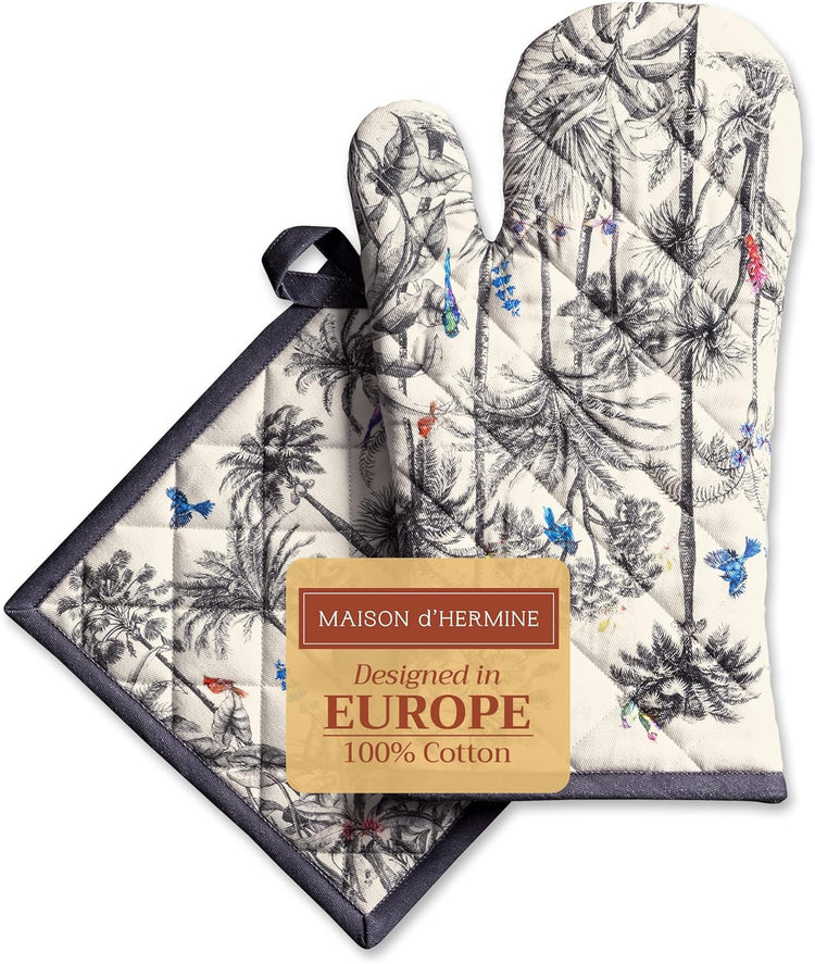 Maison d' Hermine 100% Cotton Oven Mitt & Pot Holder Set (7.5"x13" & 8"x8") Heat Resistant BBQ Cooking Gloves with Loop, Baking, Grilling, Kitchen, Handling Hot Pans (Amazonia)