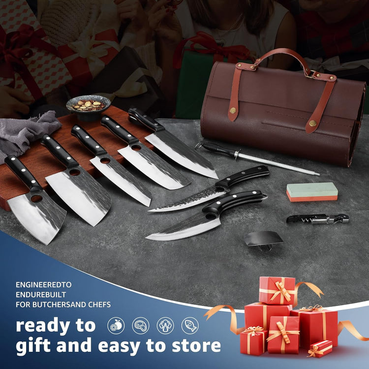 TIVOLI Butcher Knife Set for Meat Cutting, 13Pcs Upgraded High Carbon Steel Hand Forged Kitchen Knife Set with Roll Bag, Viking Chef Knife Set for Kitchen Outdoor BBQ