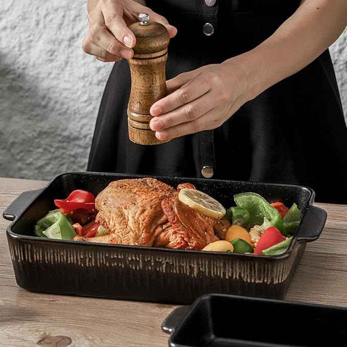 KOOV Bakeware Set, Ceramic Baking Dish, Rectangular Baking Pans Set, Casserole Dish for Cooking, Cake Dinner, Kitchen 9 x 13 Inches, 3-Piece, Stripe Series (Rough Black)