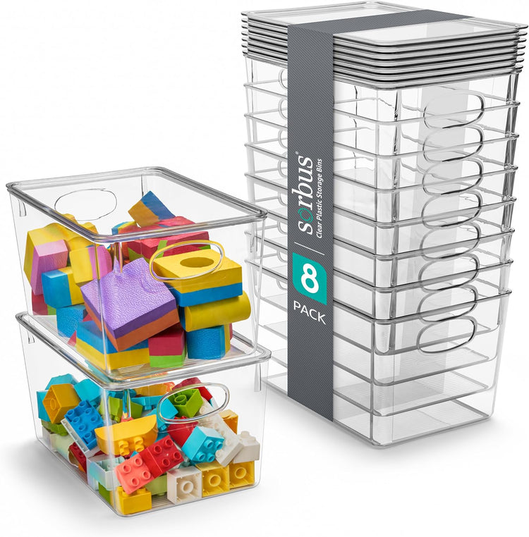 Sorbus Large Clear Plastic Bins with Lids – Stackable Organizer for Toys, Clothes, Medicine, Makeup, Closet, Art Supplies, Bathroom, Shoes – 8 Pack
