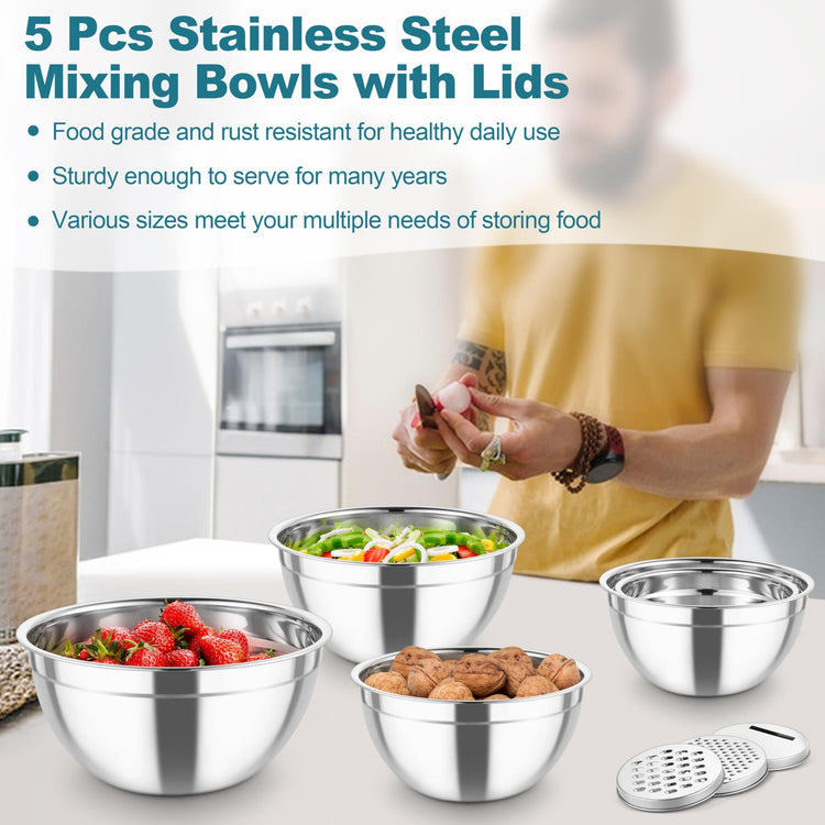 Mixing Bowls Stainless Steel Salad Serving Bowl with Clear Lids (5 Count)
