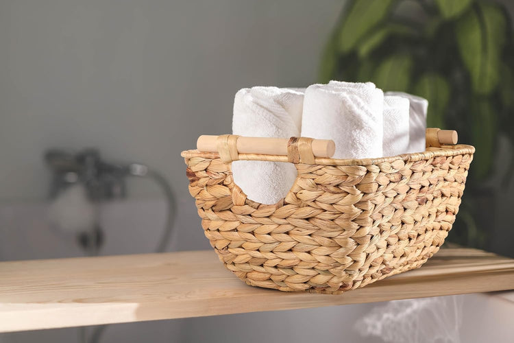 Large Wicker Storage Baskets with Wooden Handles, Woven Water Hyacinth Storage Organizers for Throw Blankets, Bedroom, Living Room, Laundry,2-Pack
