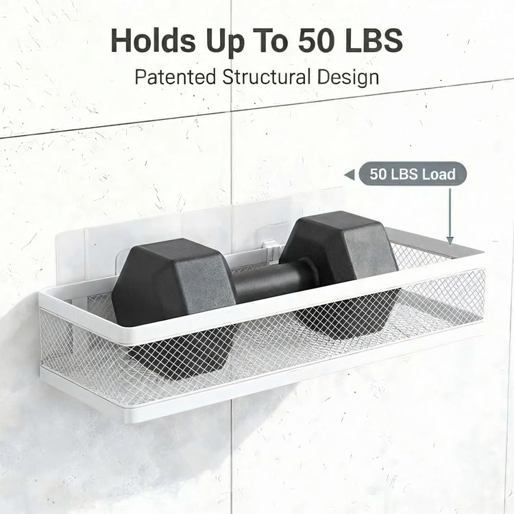 5-in-1 16.5" Extra Long Slim Wall Mount Wrapped Mesh Kitchen Organizer & Shower Caddy Kit, with Paper Towel Holder, Utensil Holder, Soap Dish, Holds 50LBS - White, Netting