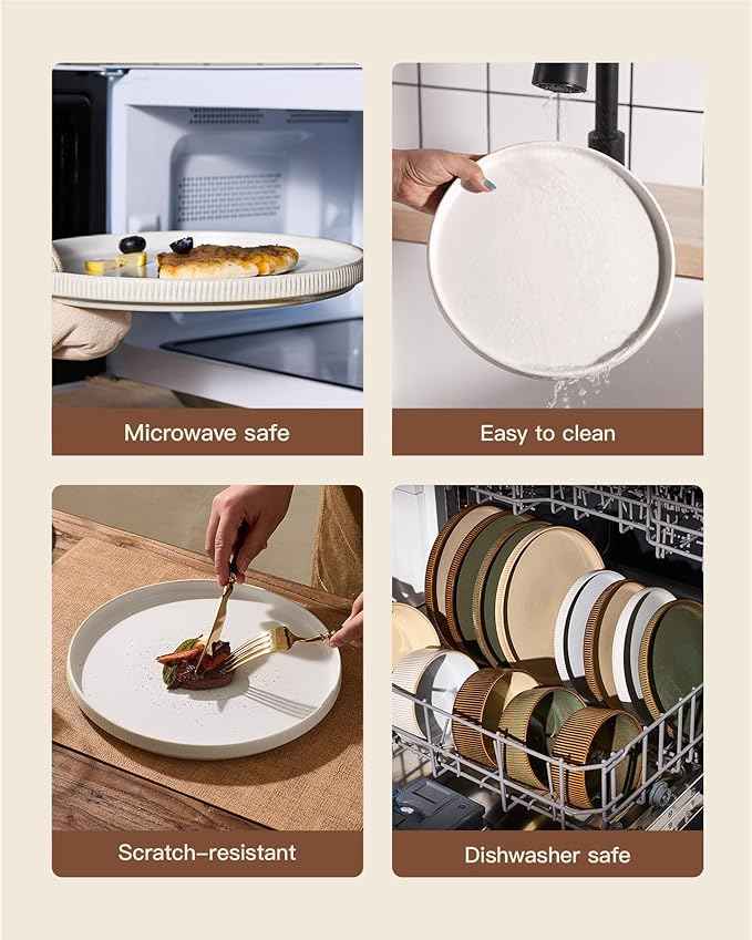 Stoneware Dinnerware Sets, Handcrafted Double Reactive Glaze Plates and Bowls for Everyday & Formal Dining, Microwave & Dishwasher Safe, Scratch Resistant Dishes for 4 (12-Piece), Matte Reactive White