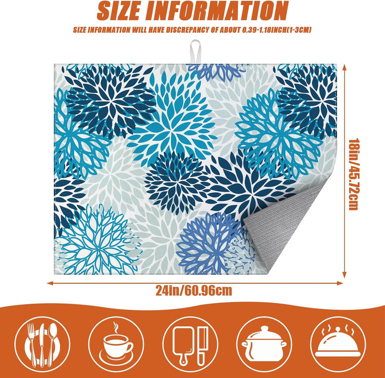 Blue Floral Dish Drying Mat for Kitchen Counter Microfiber Absorbent Dish Kitchen Drying Mat Draining Reusable Washable for Dishes/Utensils/Counterto
