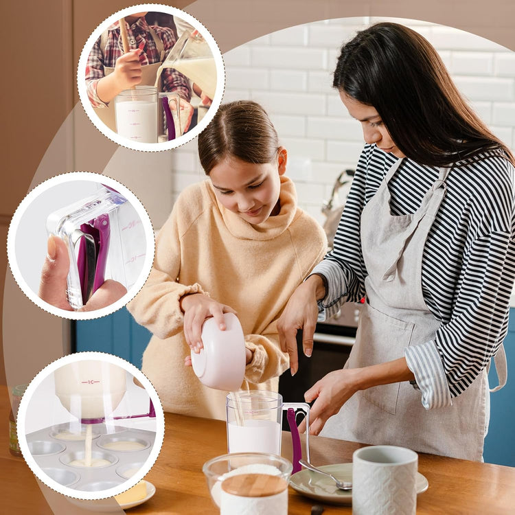 1 Pc Cupcake Batter Dispenser Pancake Mix Dispenser 4 Cups with Squeeze Handle Tools for Pancake, Cupcake, Cookie, Cake, Waffles, Ice Cream Baking Gifts for Kitchen Housewarming (Purple Red)