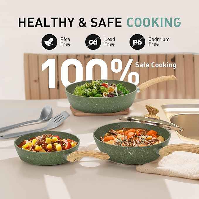 MAISON ARTS Pots and Pans Set Non Stick, 12 Piece Green Granite Kitchen Cookware Induction Compatible, Cooking Sets Pots and Pans Nonstick