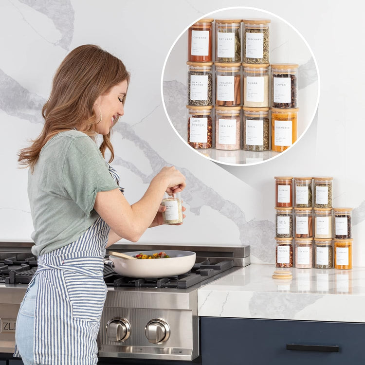 Empty Spice Jars with Label Pack (12x Bamboo Lid Glass Jar). Small 6oz Spice Storage Bottles with 112 Printed Stickers and 48 Writable Pantry Labels for Seasoning Containers