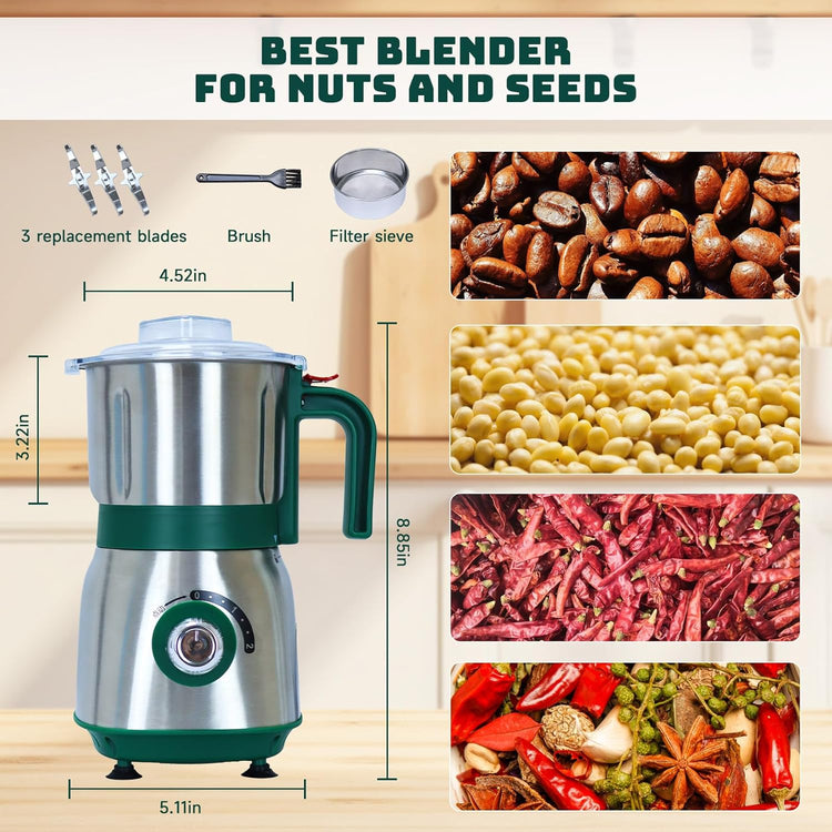 Electric Spice and Nut Grinders - 3 Stainless Steel Blades, 1 Filter, 1 Brush - 500W Grinder for Kitchen Dry Use (Green)