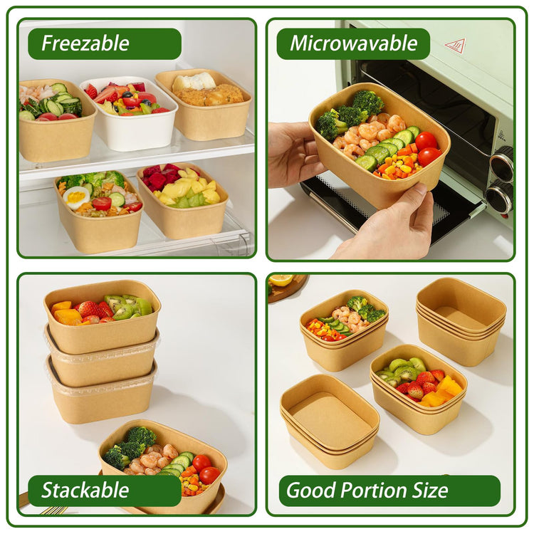 50 Pack 35oz Disposable Kraft Paper Bowls【with Lids and Forks】 (50 Count)