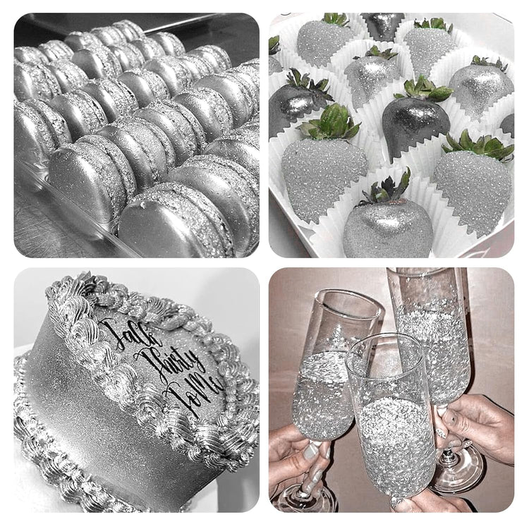Silver Edible Glitter Spray - 10g Edible Silver Glitter for Cakes Food Grade Metallic Shimmer Powder Cake Sprinkles for Cookie Decorating Chocolate Strawberry