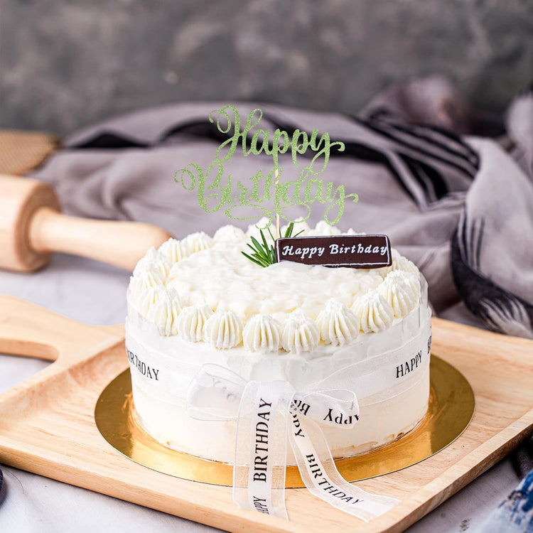 Happy Birthday Cake Toppers 9 Inch Glitter Happy Birthday Cake Pick for Birthday Anniversary Theme Party Cake Decorations Supplies - Olive Green